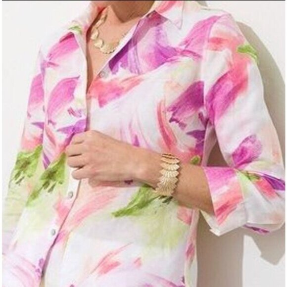 Chicos Womens 4 No Iron Watercolor Linen Button Up Shirt 3/4 Sleeve Blouse - Picture 1 of 10